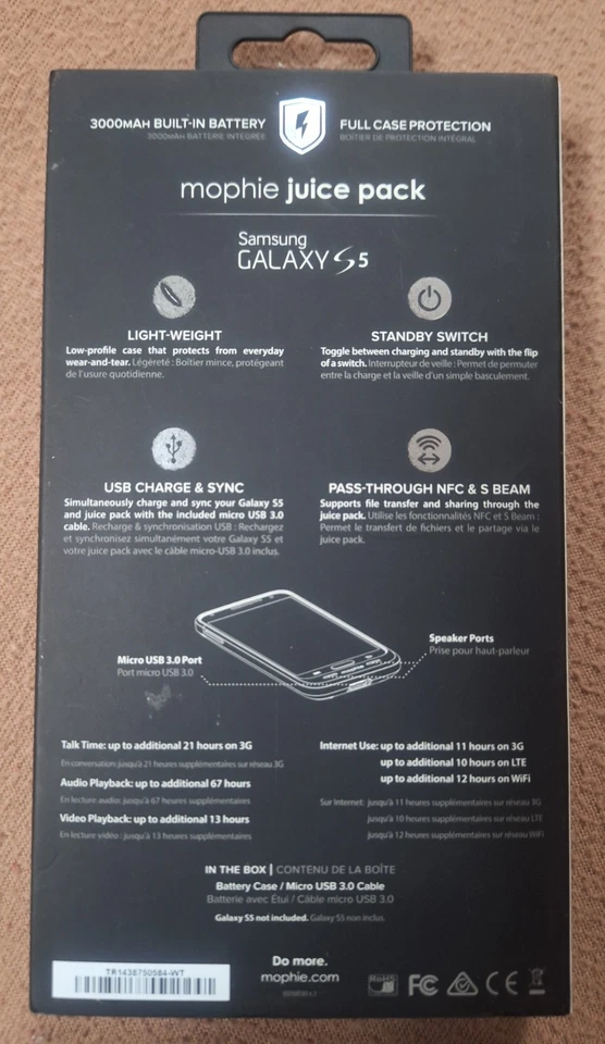 Genuine Mophie Juice Pack  3000mAh Samsung Galaxy S5 Battery Case White Preowned - Image 4 of 4