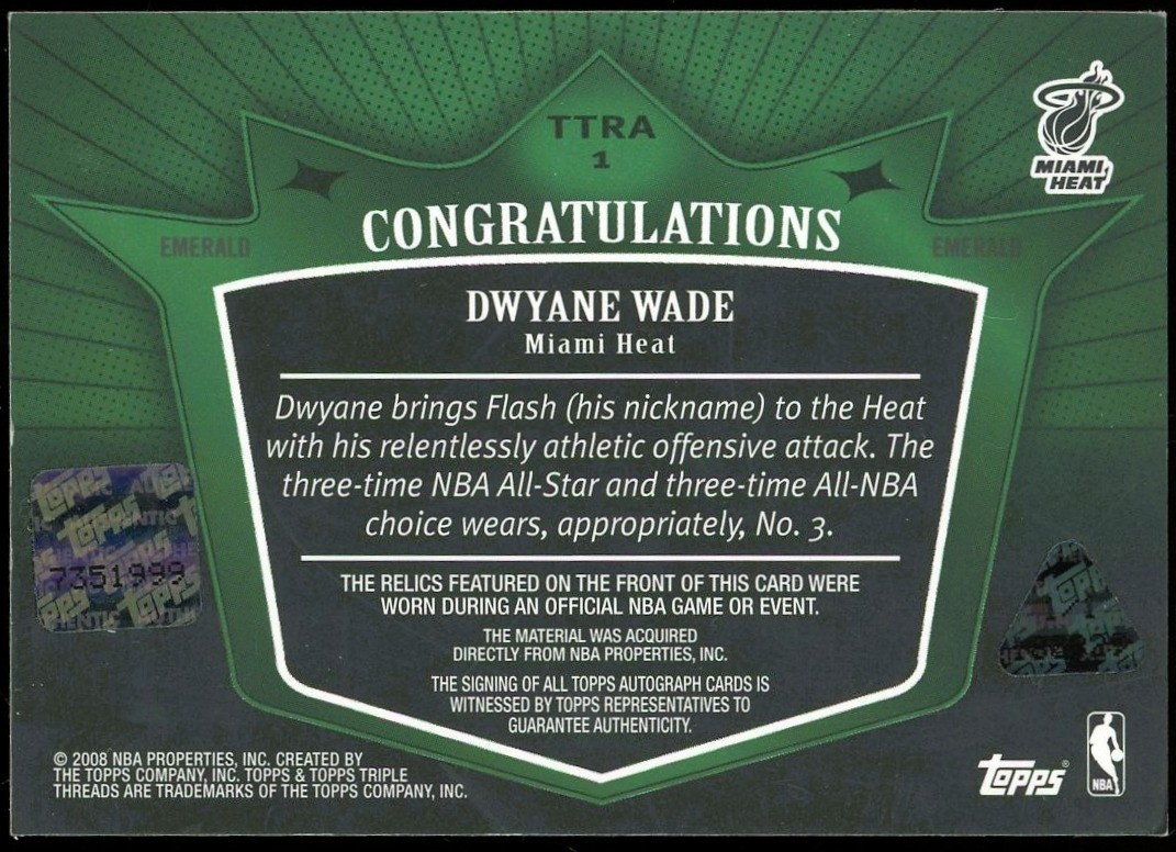 2007-08 Topps Triple Threads TRIPLE PATCH AUTO EMERALD HOLO #'d 1/1 Dwyane Wade view 2