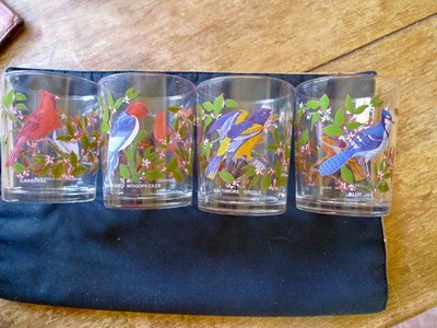 Arcoroc France Song Bird Tumbler Set (4) Oriole, Woodpecker, Cardinal & Blue Jay