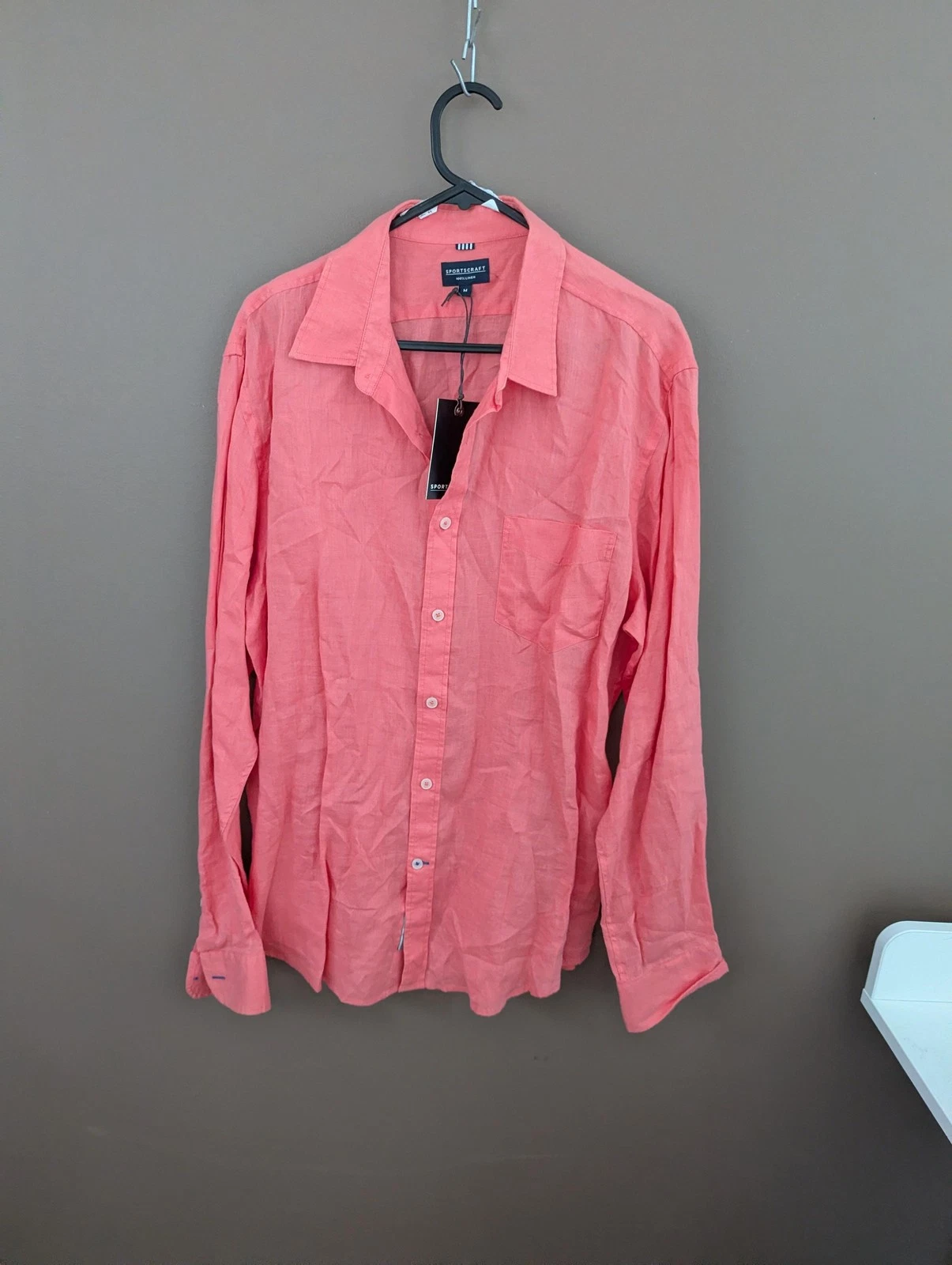 Sportscraft Shirt Mens Medium Persimmon Pink Lyon Linen Long Sleeve Button Up