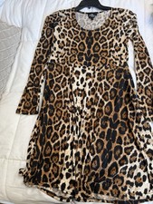 Brown Black Beige Leopard Animal Print Long Sleeve A-Line Knee Length Dress