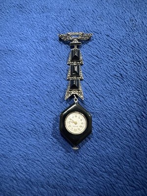 Vtg 1920s Art Deco Orator Black Onyx Marcasite Sterling Silver Watch Brooch/Pin