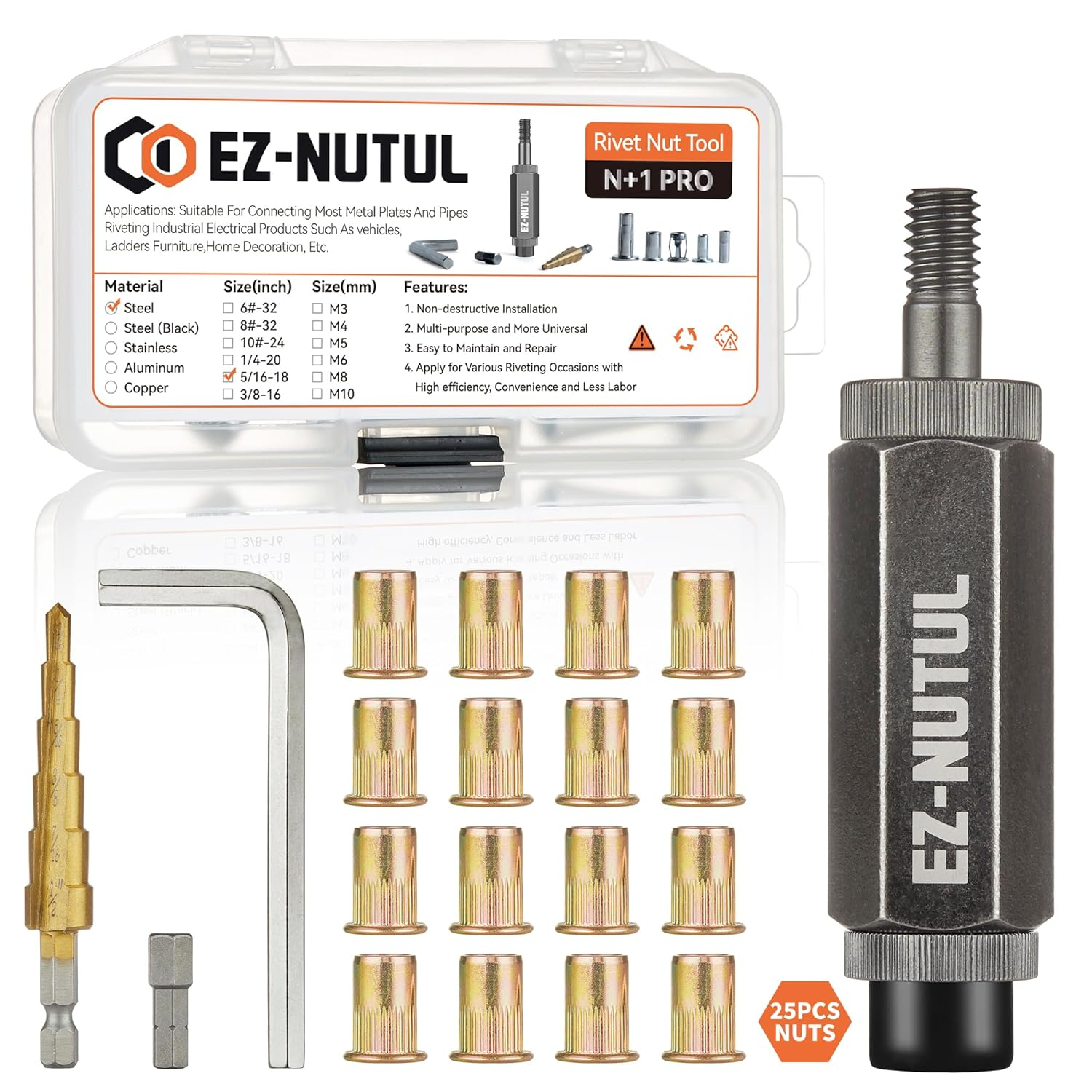 Rivet Nut Installation Tool Set Flat Head Rivnut Threaded Insert Nut Kit SAE & M