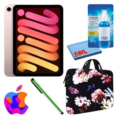 Apple iPad Mini 6 (64GB, Wi-Fi, Pink) Bundle with Black Floral Sleeve