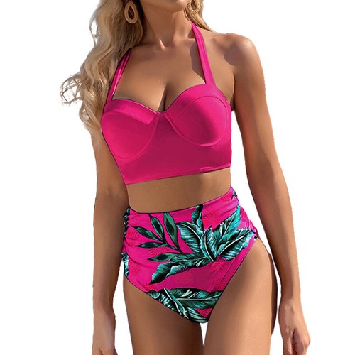 Women High Waist Bikini Swimwear Beachwear Leaf Print Bathing Swimsuit 2pcs/Set - Picture 17 of 19