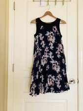 Xhilaration Navy Pleated Floral Shift Dress Sleeveless Sheer Overlay