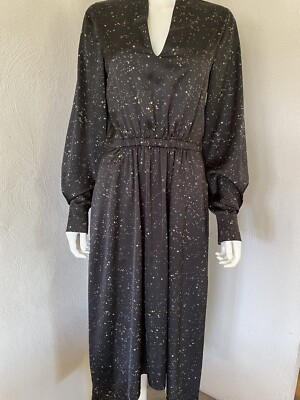 Vince Constellation Print Poet High Low Long Sleeve Black Multi Midi Dress  S/P