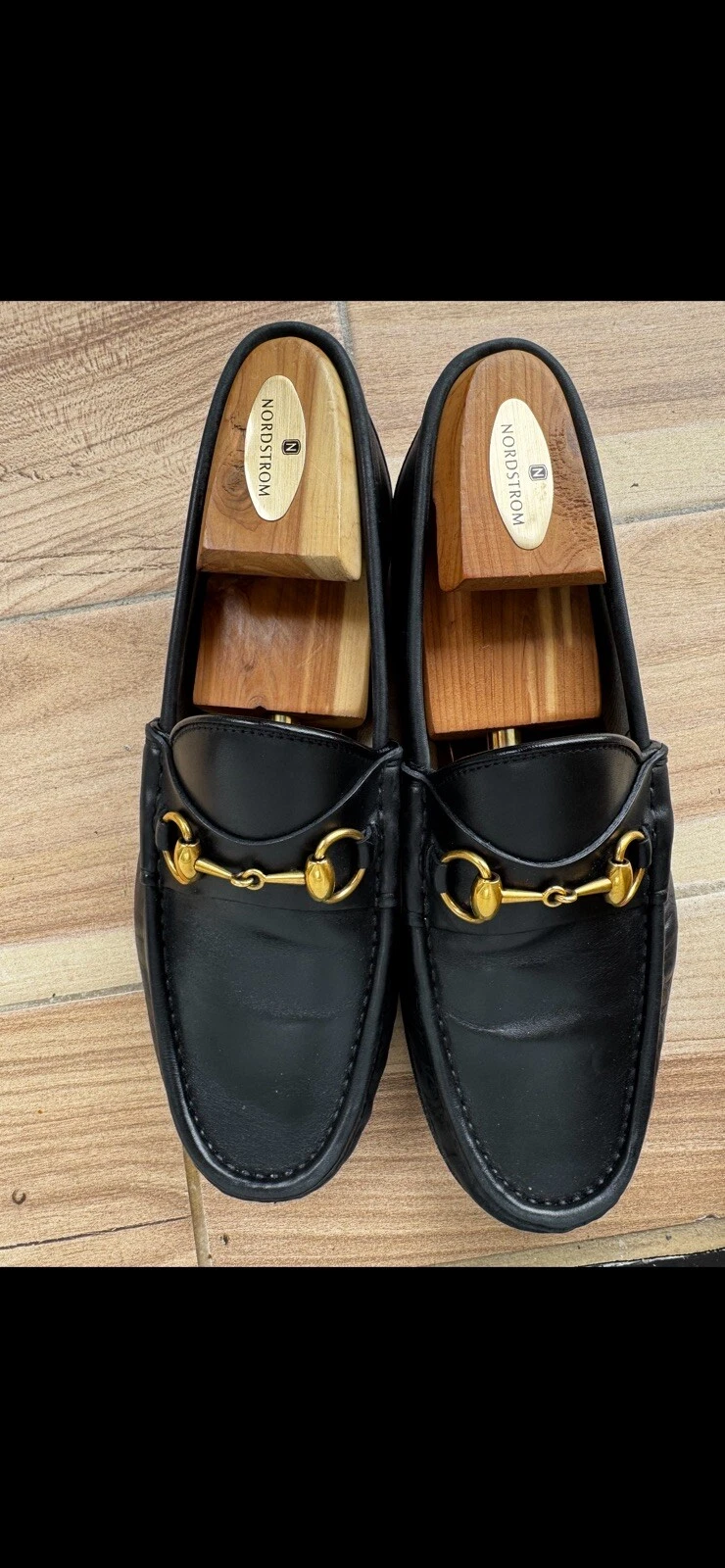 Mocassins Gucci 1953 Horsebit Gold Hardware cuir noir semelle bois à enfiler 8 