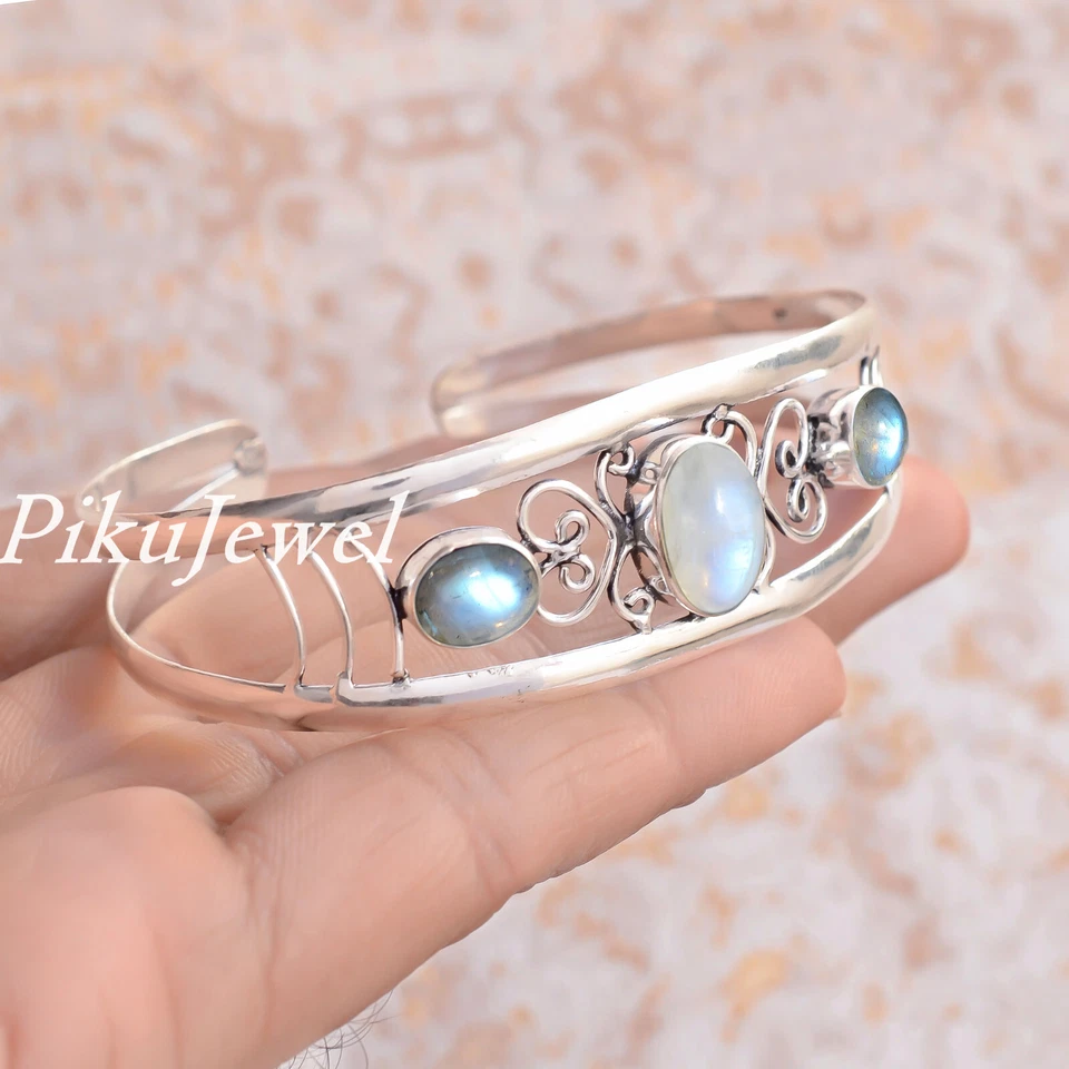 Mondstein mit Labradorit Edelstein 925 Sterling Silber Armreif Schmuck Mansch... - Bild 4 von 4