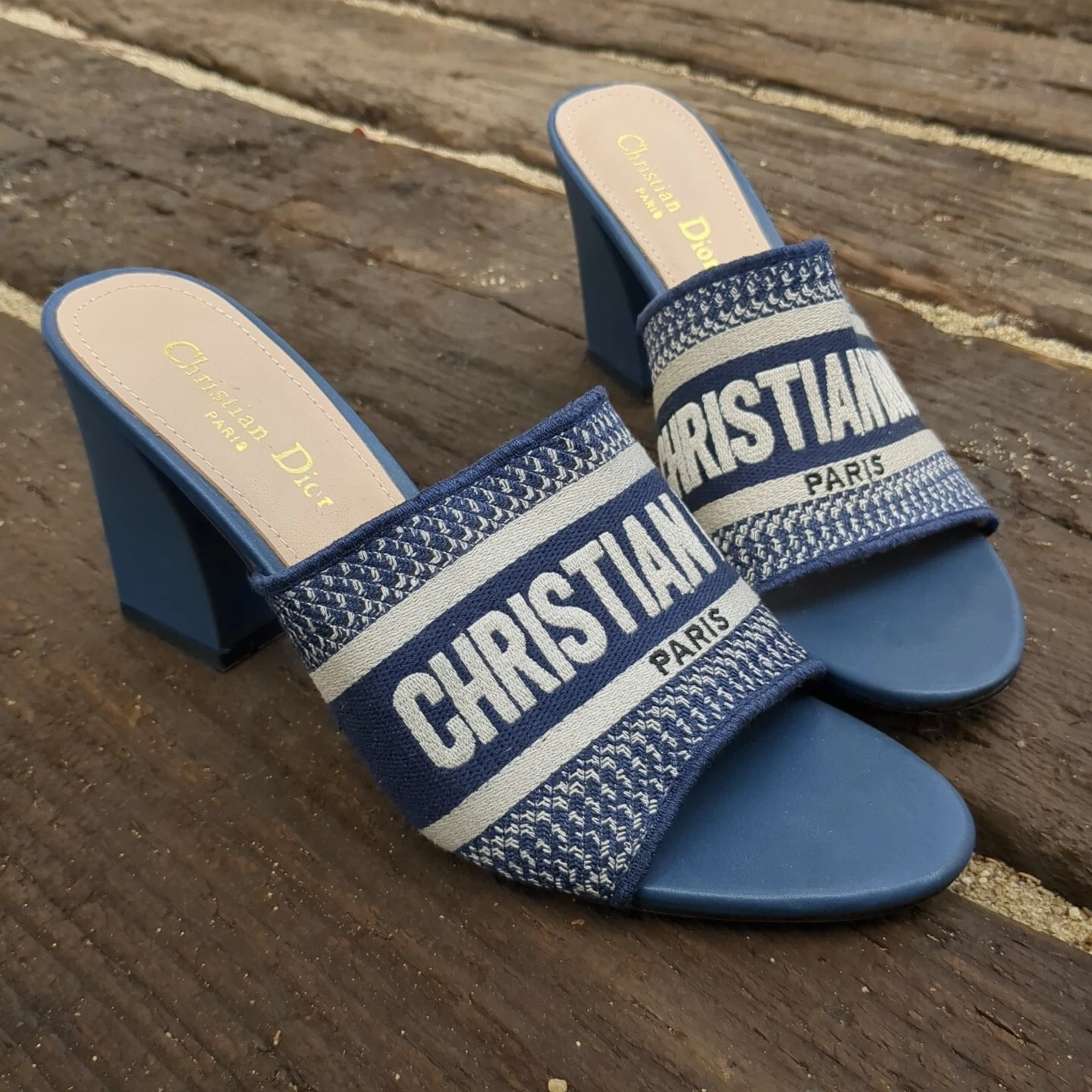 Diapositives à talons en coton brodé bleu foncé CHRISTIAN DIOR Dway EU 40 US9,5 EUC
