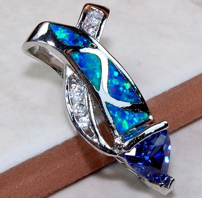 1CT Treated Blue Sapphire & Australian Opal 925 Sterling Silver Pendant OE5