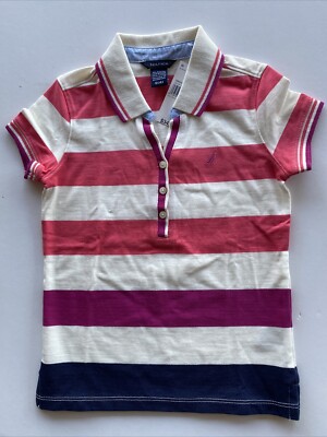 Nautica Girls' Short Sleeve Polo White Pink Purple Blue Striped Small S (4) NWT