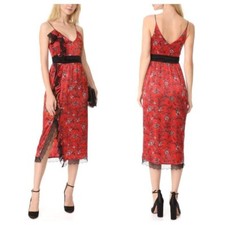 Cinq A Sept Petra Red Floral V Neck Lace Trim Midi Dress US 2
