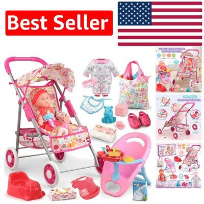Complete Baby Doll Stroller Set with Dining Chair, 20 Accessories & Doll Clothes