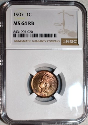 NGC MS-64 RB 1907 Indian Head Cent, Frosty, Predominantly Red, PQ specimen!