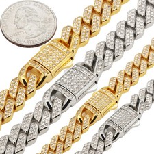 316L Stainless Steel 18k GP CZ 10-13mm Cuban Link Chain Necklace Bracelet 8  -22  