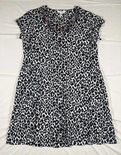 Go Softly Patio Leopard Print Dress Beaded Bejeweled Sz L Short Sleeve Full Zip