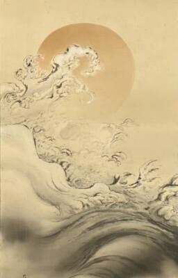 JAPANESE PAINTING BIG HANGER SCROLL OLD JAPAN SUNRISE Wave PICTURE