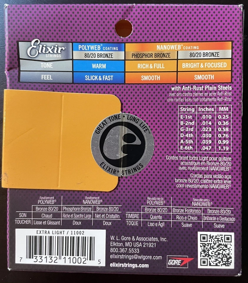 Elixir 80/20 Bronze Nanoweb Acoustic Guitar Strings .010-.047 Extra Light 11002 - Image 2 of 2