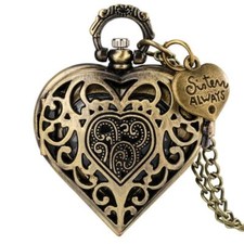 Steampunk Heart Shape Design Unisex Quartz Pocket Watch Necklace Pendant Chain