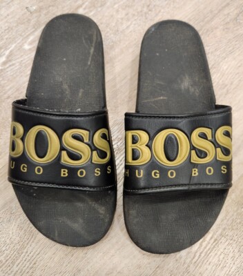 BOSS Solar Slid Logo Slides In Black & Gold Kids Size 38