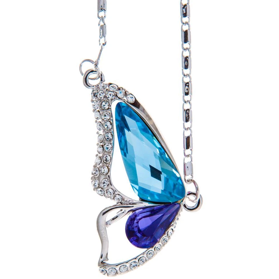 16" Rhodium Plated Necklace w/ Butterfly Wing & Purple Blue Crystals by Matashi - Image 2 of 4