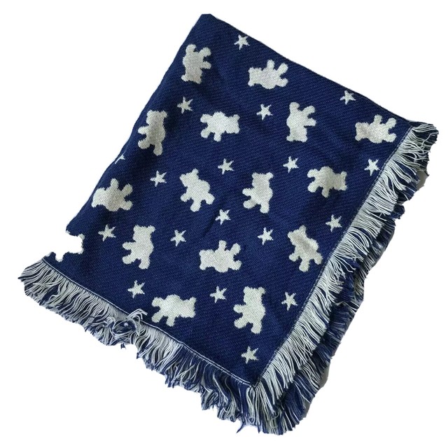 Waverly Baby Blanket Blue White 36x42 Bears Stars Fringed eBay
