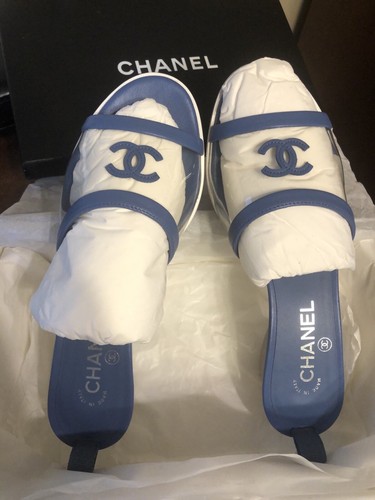 19S CHANEL PVC/LAMBSKIN CC LOGO TRANSPARENT BLUE MULES/SLIDES ICONIC, SIZE 39 - Picture 4 of 14