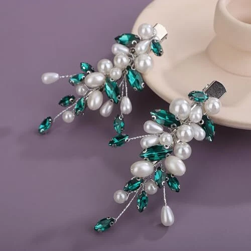 2Pcs Pearl Wedding Hair Clips Green Crystal Hair Barrette Rhinestone Pearl - Image 3 of 4