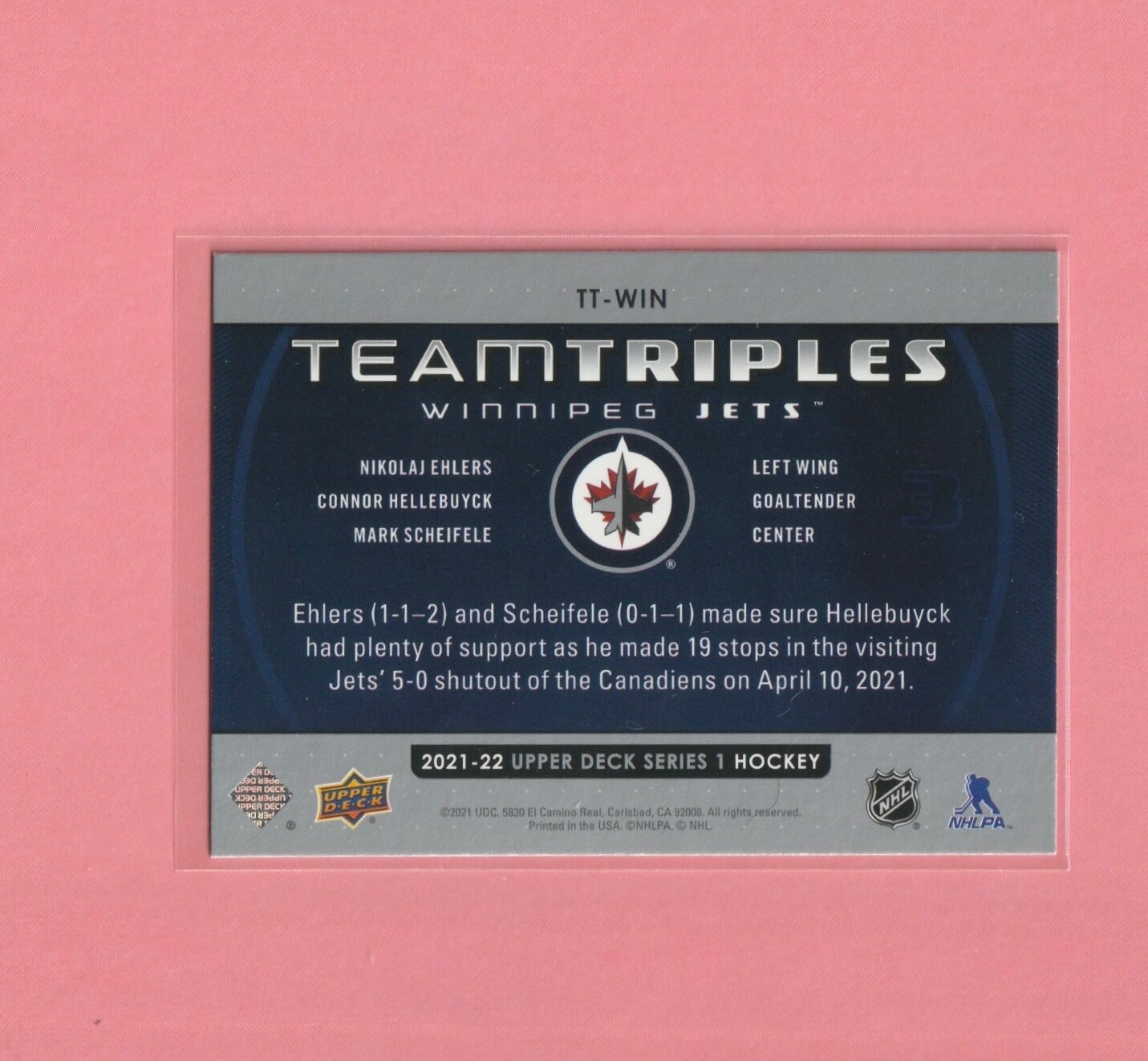 202122 Upper Deck EHLERS HELLEBUYCK SCHEIFELE Team Triples Winnipeg