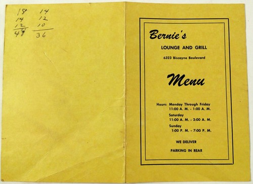 Original Vintage Menu BERNIE'S LOUNGE & GRILL Miami Florida | eBay