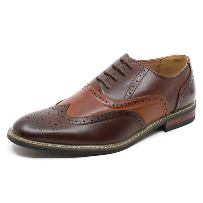 Brown Men's Two Tone Perforated Wing Tip Lace Up Oxford Dress Shoes