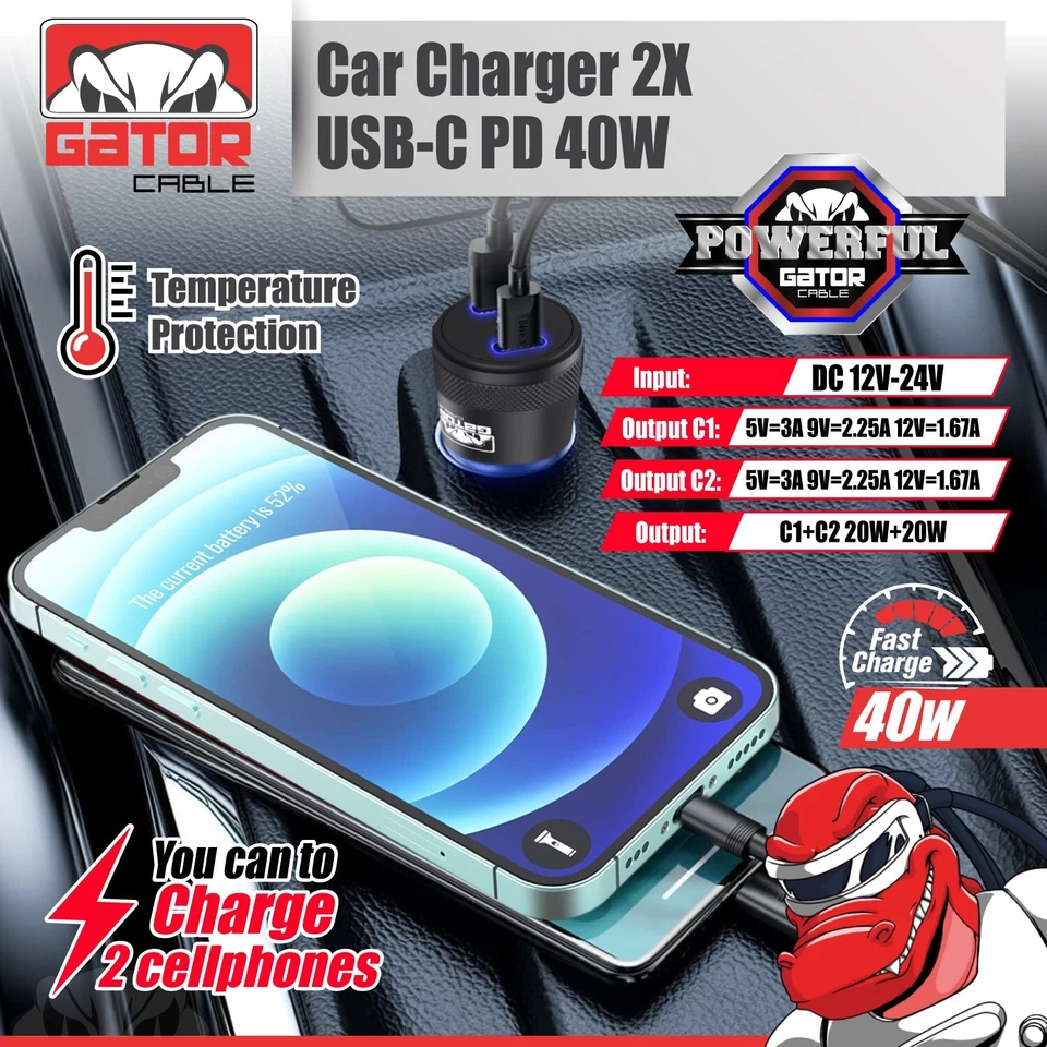 USB-C PD Car Charger 40W 3.1A Fast Charge Dual 2 Port Adapter for Samsung iPhone - Image 3 of 4