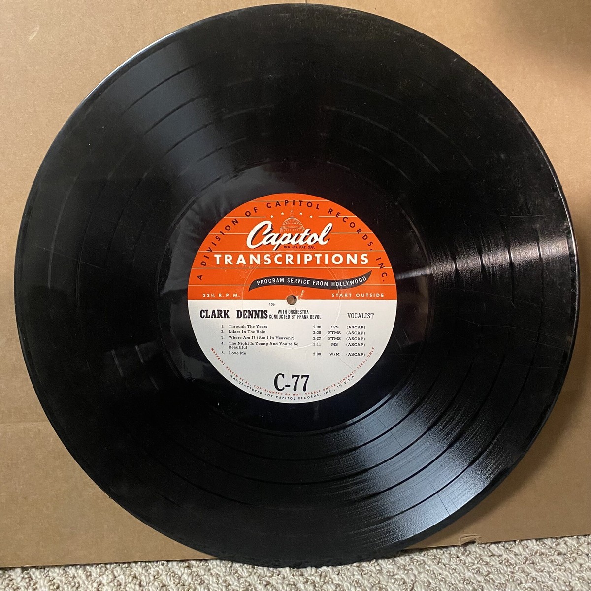RARE 16” TRANSCRIPTION RECORD Clark Dennis Frank DeVol Capitol C