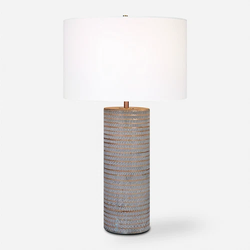 Rustic Chiseled Gray Brown Stripe Cylinder Table Lamp 29in Carved Ceramic Bronze - Picture 1 of 10