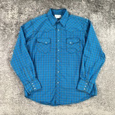 Wrangler Shirt Mens Large L Blue Plaid Pearl Snap Long Sleeve Wrancher Cowboy