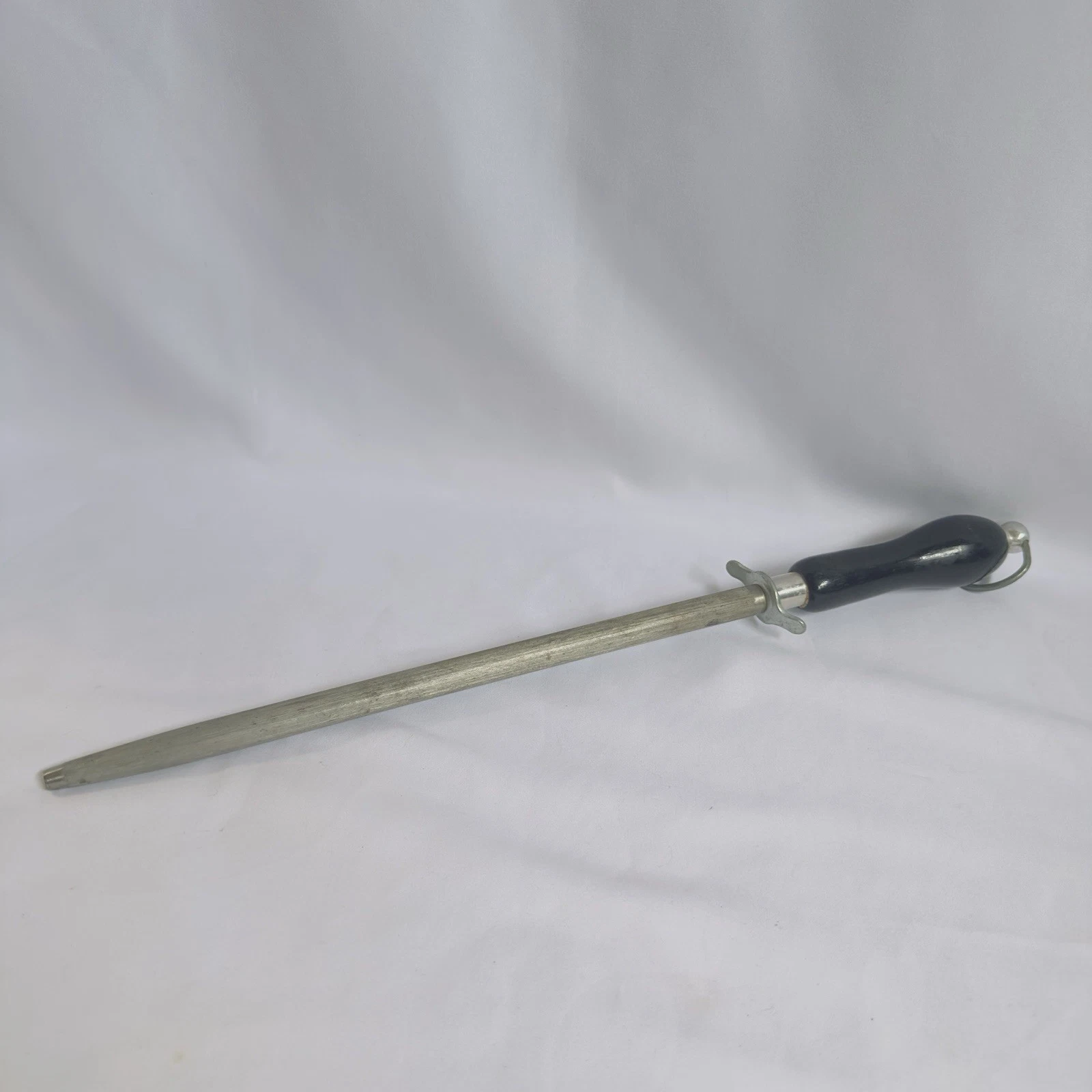 Vintage Butcher Knife Sharpening Honing Steel Rod Wood Handle w Hanging Ring 18"