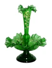 FENTON ART GLASS, CLEAR EMERALD GREEN RUFFLED EPERGNE - DAISIES DESIGN - 9" TALL