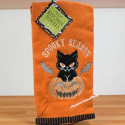 Halloween Black Cat in Pumpkin Glitter Bats Cotton Kitchen Tea Towels 2-pk New