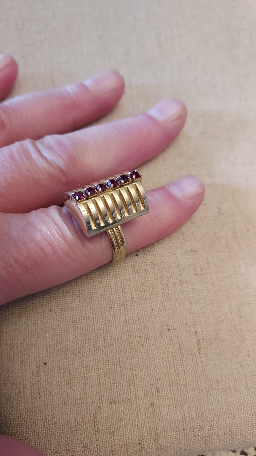 Statement Cocktail Ring Rectangle Red Gemstone Ar… - image 7