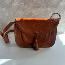 Patricia Nash Crossbody Bag Cognac Embossed Hand Tooled Leather Zip Pockets