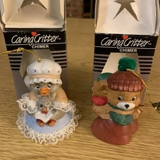 JASCO (2) CARING CRITTER CHIMERS Bisque Porcelain Bell Handpainted Ornaments