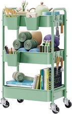 3 Tier Rolling Storage Cart Metal with Wheels, Green Baby Diaper Caddy Carts, Th