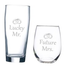 Lucky Mr. 20 oz. Beer Glass and Future Mrs. 15 oz. Stemless Wine Glass Set for