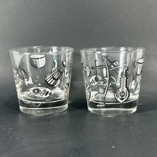 Vtg Pair MCM Libbey  Musical Instruments Lowball Rocks Whiskey Cocktail Glasses