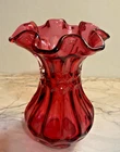 Fenton Country Cranberry Thumbprint Ruffle Top Glass Vase 5” Excellent Condition