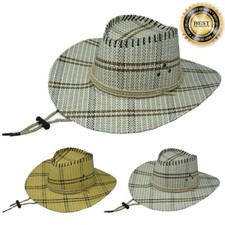 Mens Summer Bucket Cap Cowboy Panama Fedora Striped Paper Straw Hat Wide Brim
