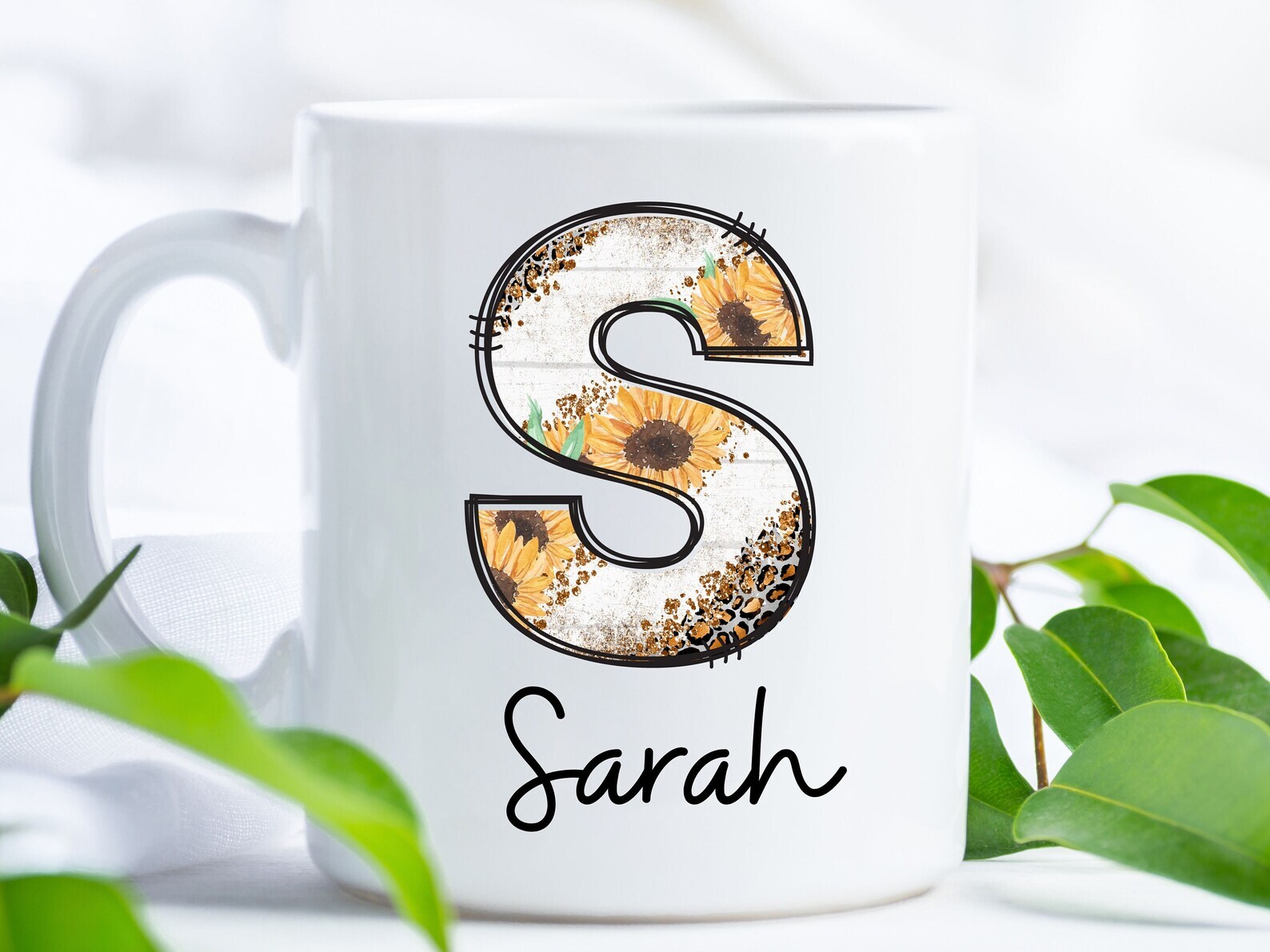 Custom 11oz Sunflower Coffee Mug with Name Letter - Personalized Gift Idea