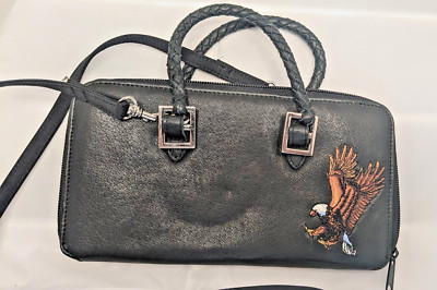 Kingport Womens Leather Travel Wallet Purse Black Eagle Embroidered Crossbody 