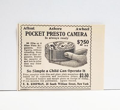 1896 Pocket Presto Camera Film Glass Plate Exposures EB Koopman Magic Print AD